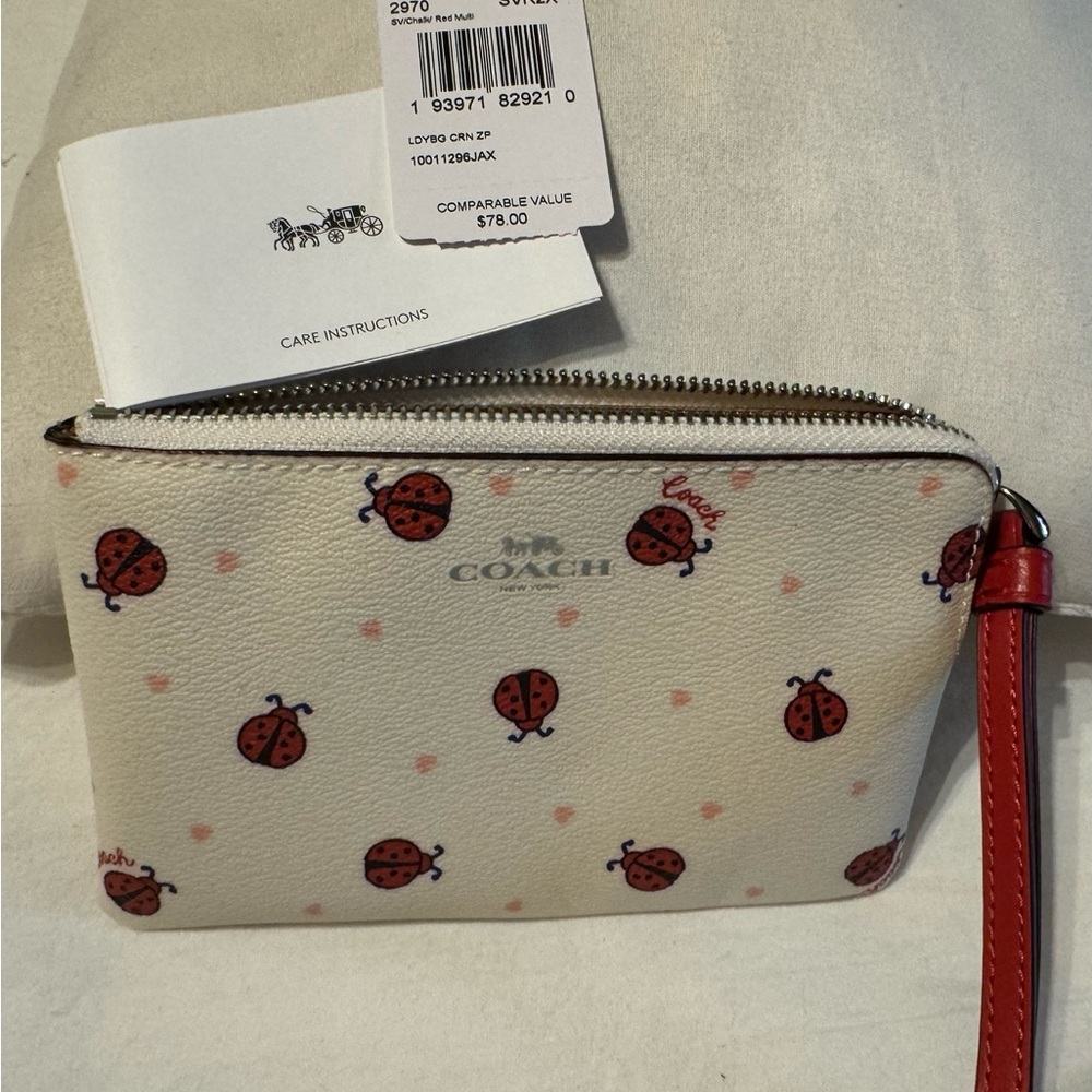 COACH Wristlet - Cream Leather w/ Red Ladybugs - Silver Hardware & Red Trim